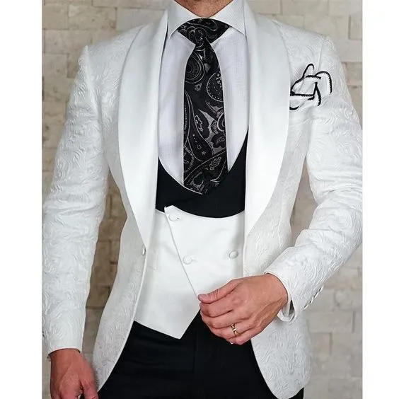 aidase Custom size Jacquard Groomsmen white Groom Tuxedos Shawl Lapel Men Suits Wedding Prom Best Man Blazer Jacket with Pants Set