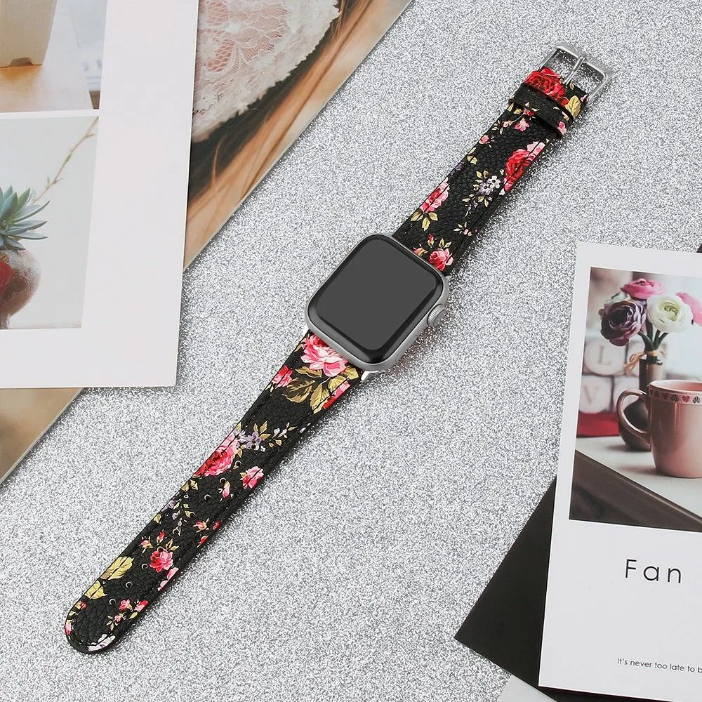 Apple Watch (45mm) top layer cowhide genuine leather watch strap - Black / Pink Flower