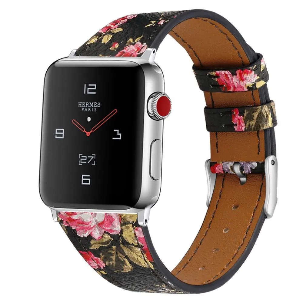 Apple Watch (45mm) top layer cowhide genuine leather watch strap - Black / Pink Flower