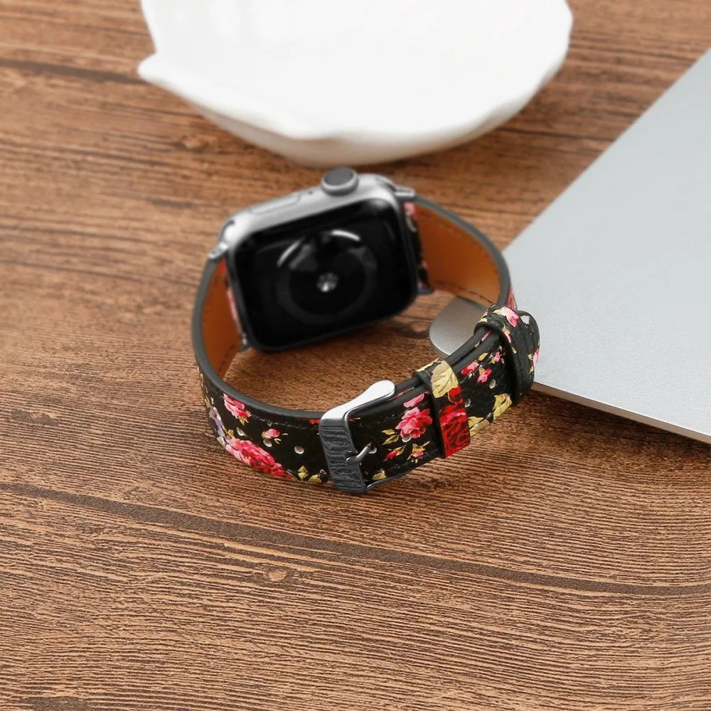 Apple Watch (45mm) top layer cowhide genuine leather watch strap - Black / Pink Flower