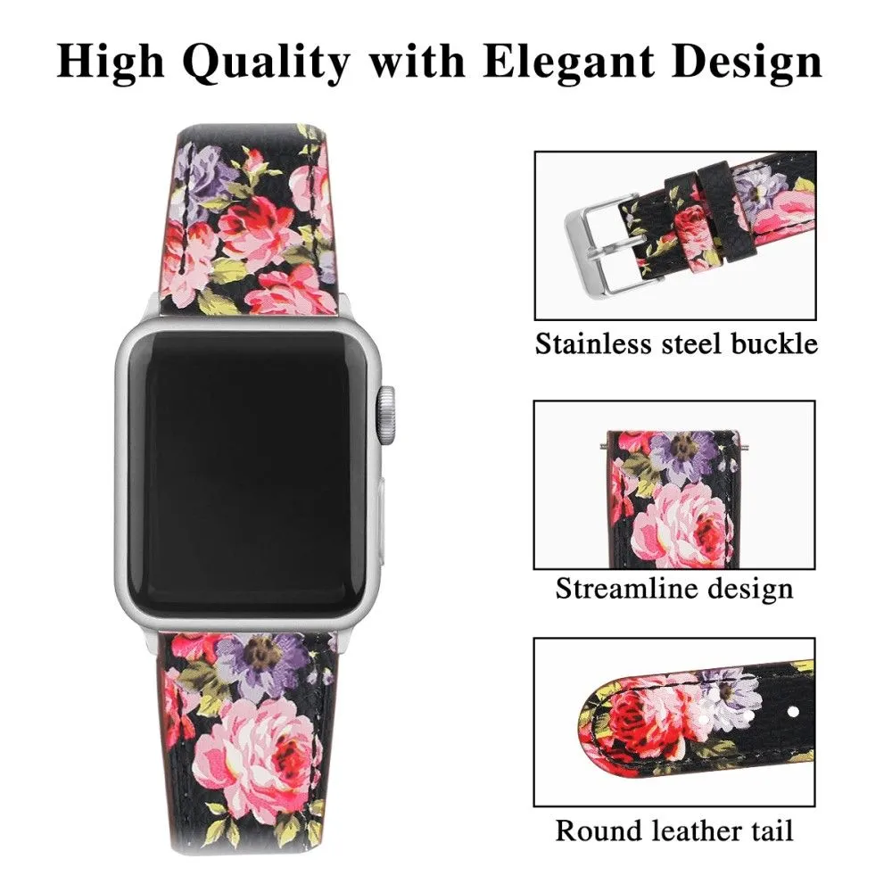 Apple Watch (45mm) top layer cowhide genuine leather watch strap - Black / Pink Flower