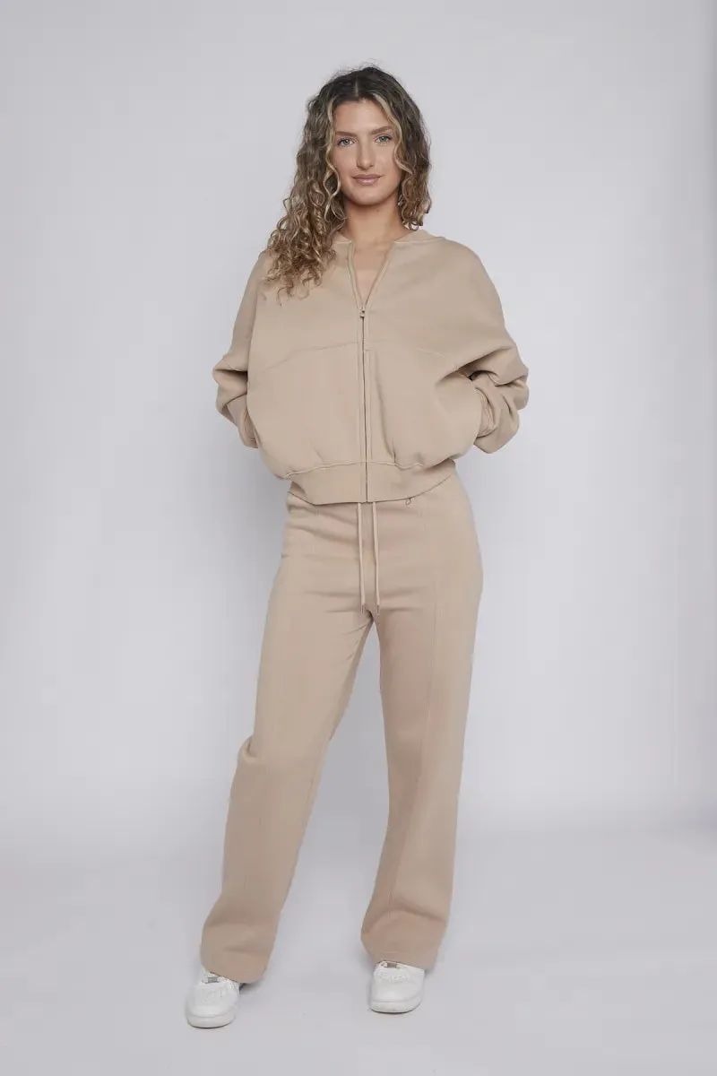 Beige Bomber Style Jacket & Wide Leg Bottoms Co-ord Loungewear Set