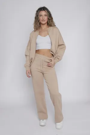 Beige Bomber Style Jacket & Wide Leg Bottoms Co-ord Loungewear Set