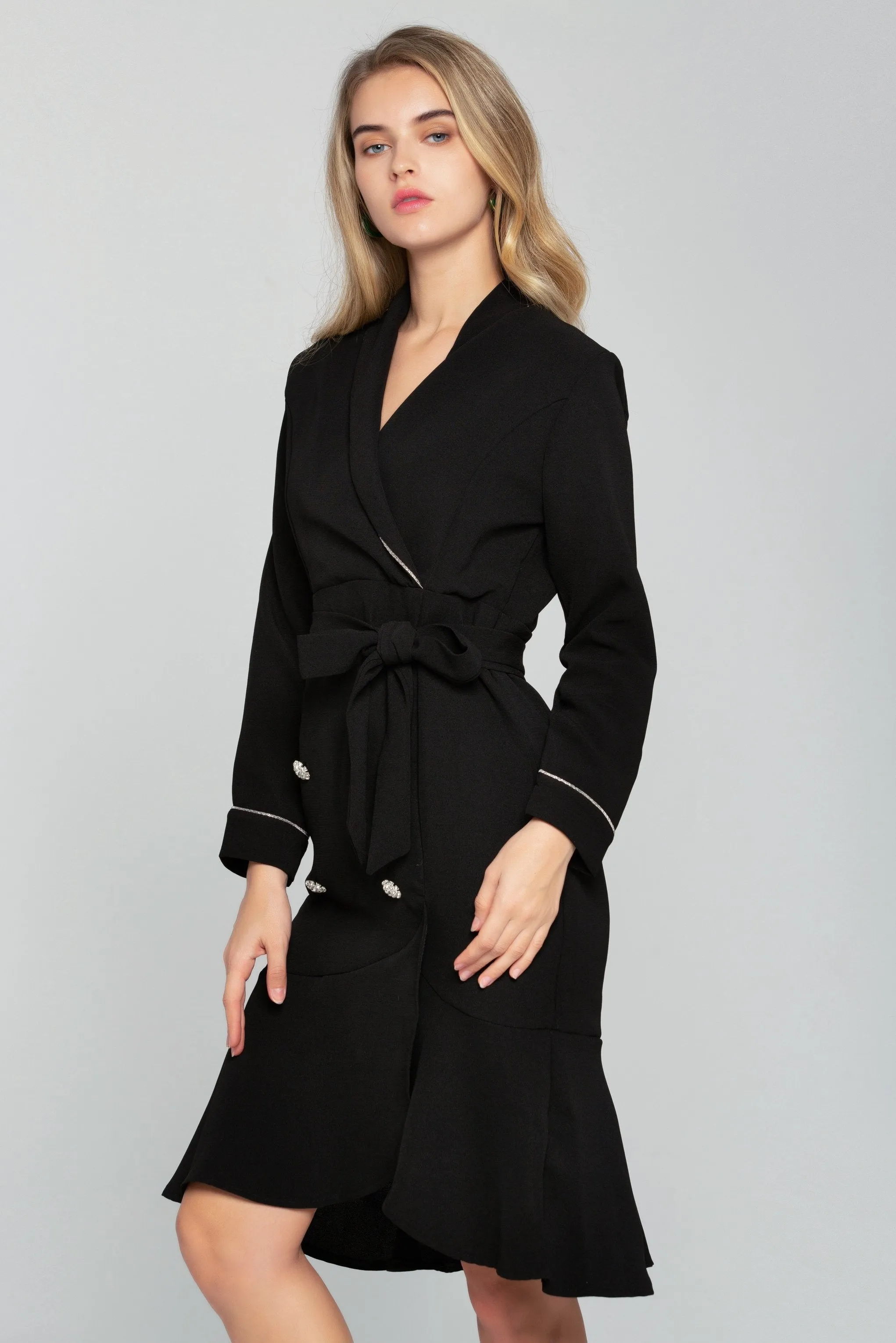 Black Full Sleeves Button-up Blazer Dress