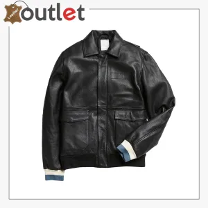 Black Shirt Style Leather Bomber Jacket