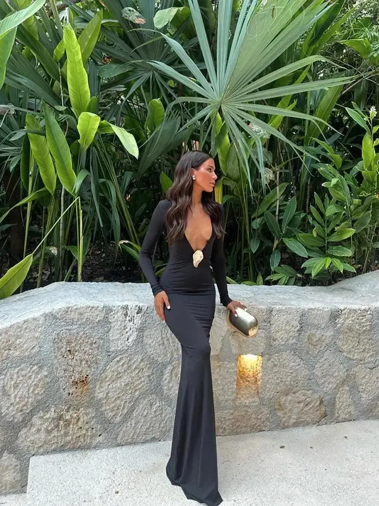 Black V-neck Maxi Dress: Stylish Bodycon for Women's Summer Fashion