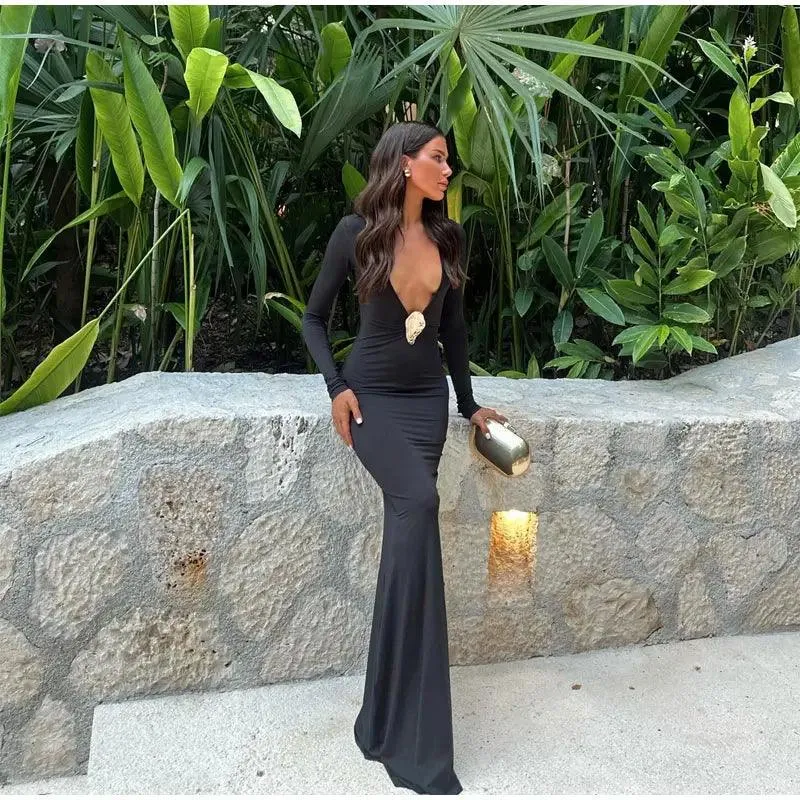 Black V-neck Maxi Dress: Stylish Bodycon for Women's Summer Fashion