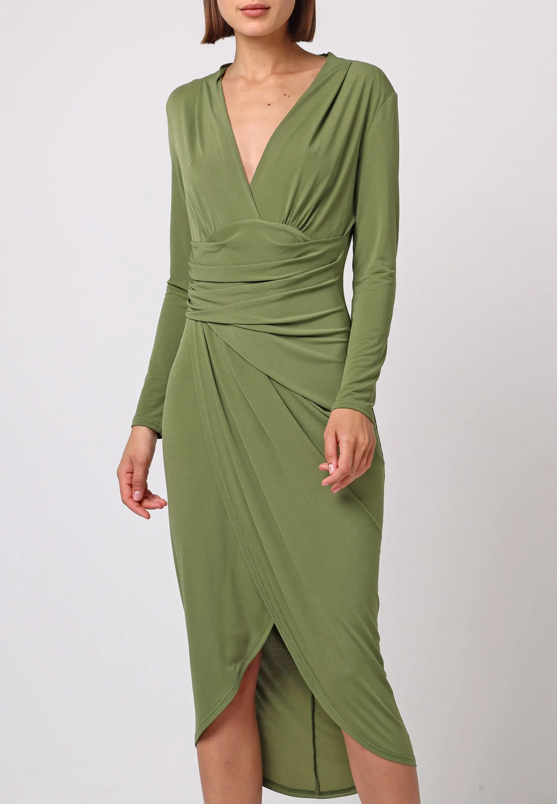 Bodycon Wrap Midi Dress With Long Sleeves In Khaki