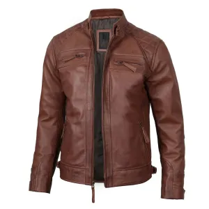 Brown Quilted Cafe Racer Leather Jacket