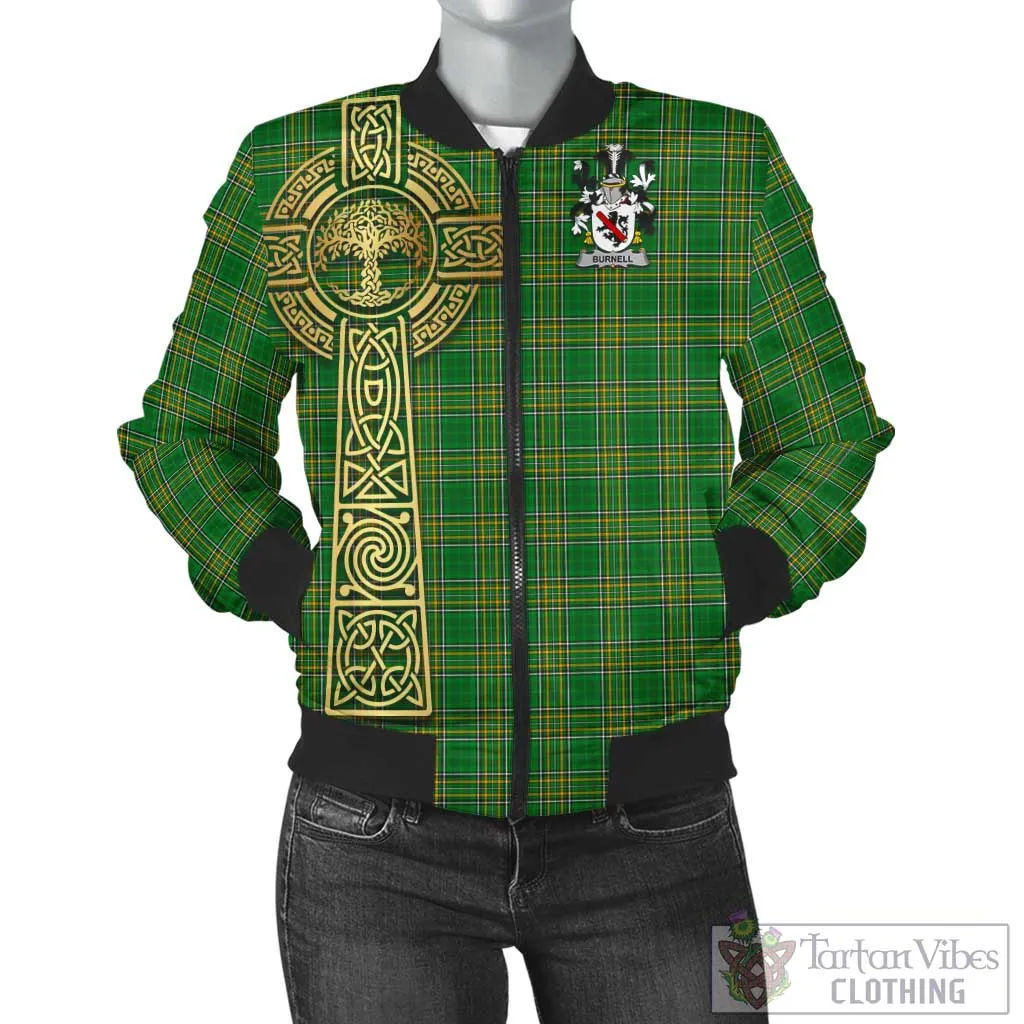 Burnell Irish Clan Tartan Bomber Jacket with Coat of Arms Celtic Tree of Life Style