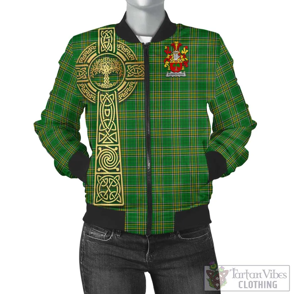 Burroughs Irish Clan Tartan Bomber Jacket with Coat of Arms Celtic Tree of Life Style