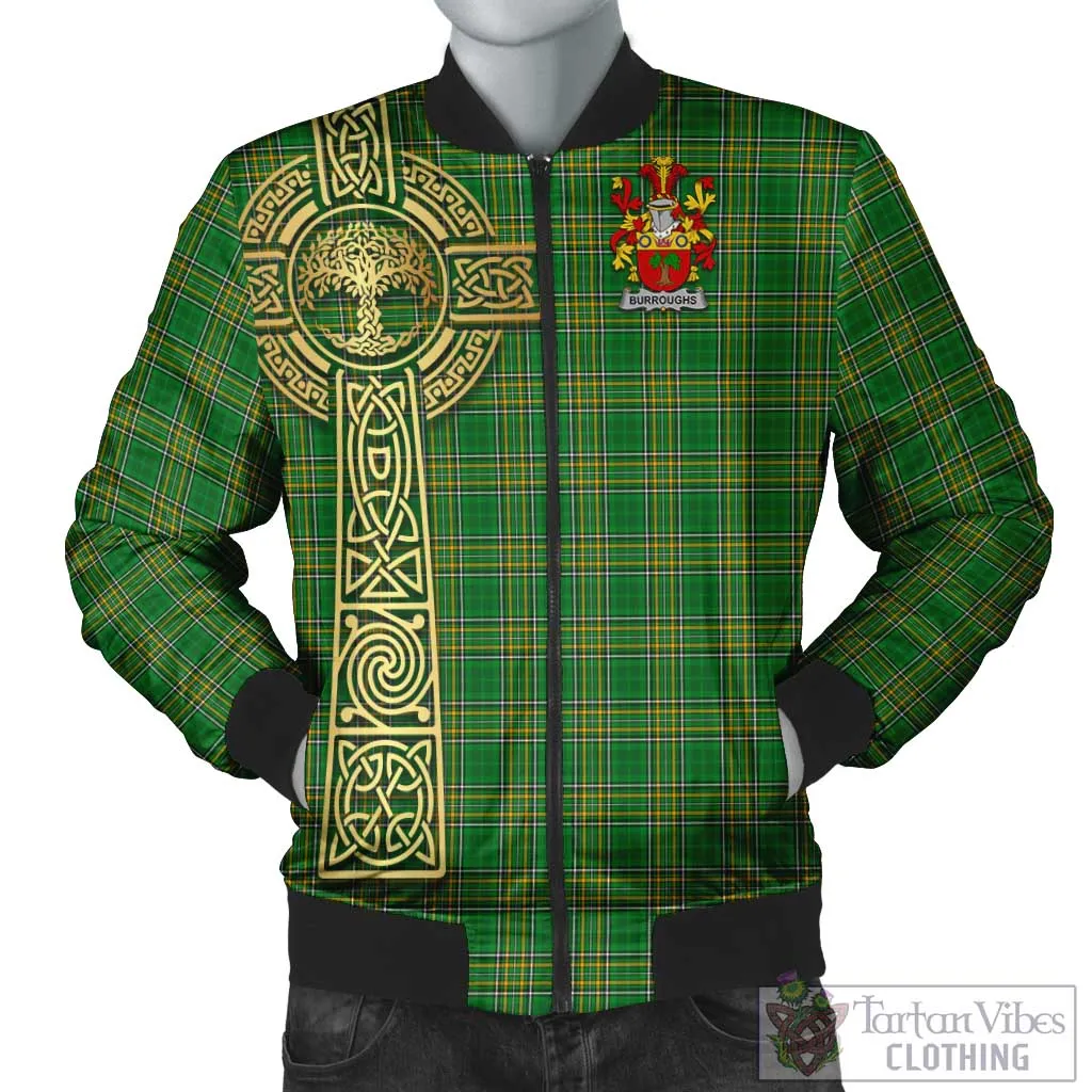 Burroughs Irish Clan Tartan Bomber Jacket with Coat of Arms Celtic Tree of Life Style