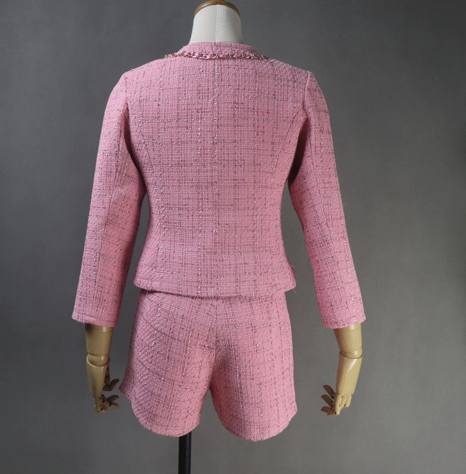 Custom Made Pink Skirt Tweed Suit With Chain Decoration