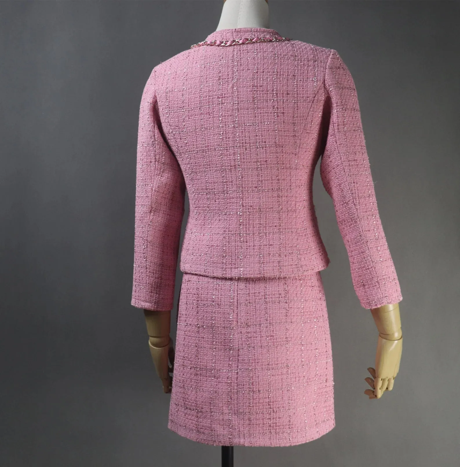 Custom Made Pink Skirt Tweed Suit With Chain Decoration