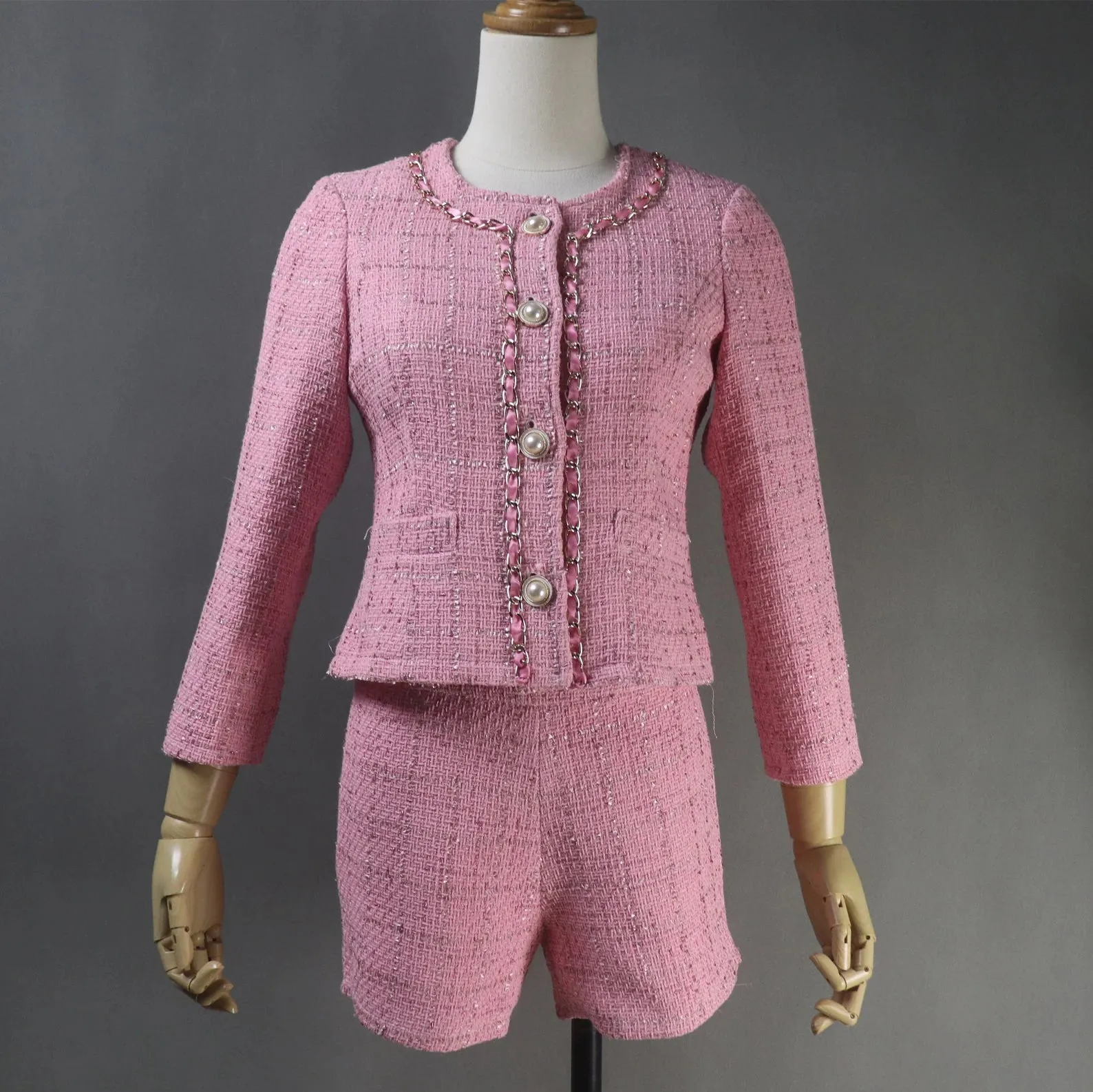 Custom Made Pink Skirt Tweed Suit With Chain Decoration