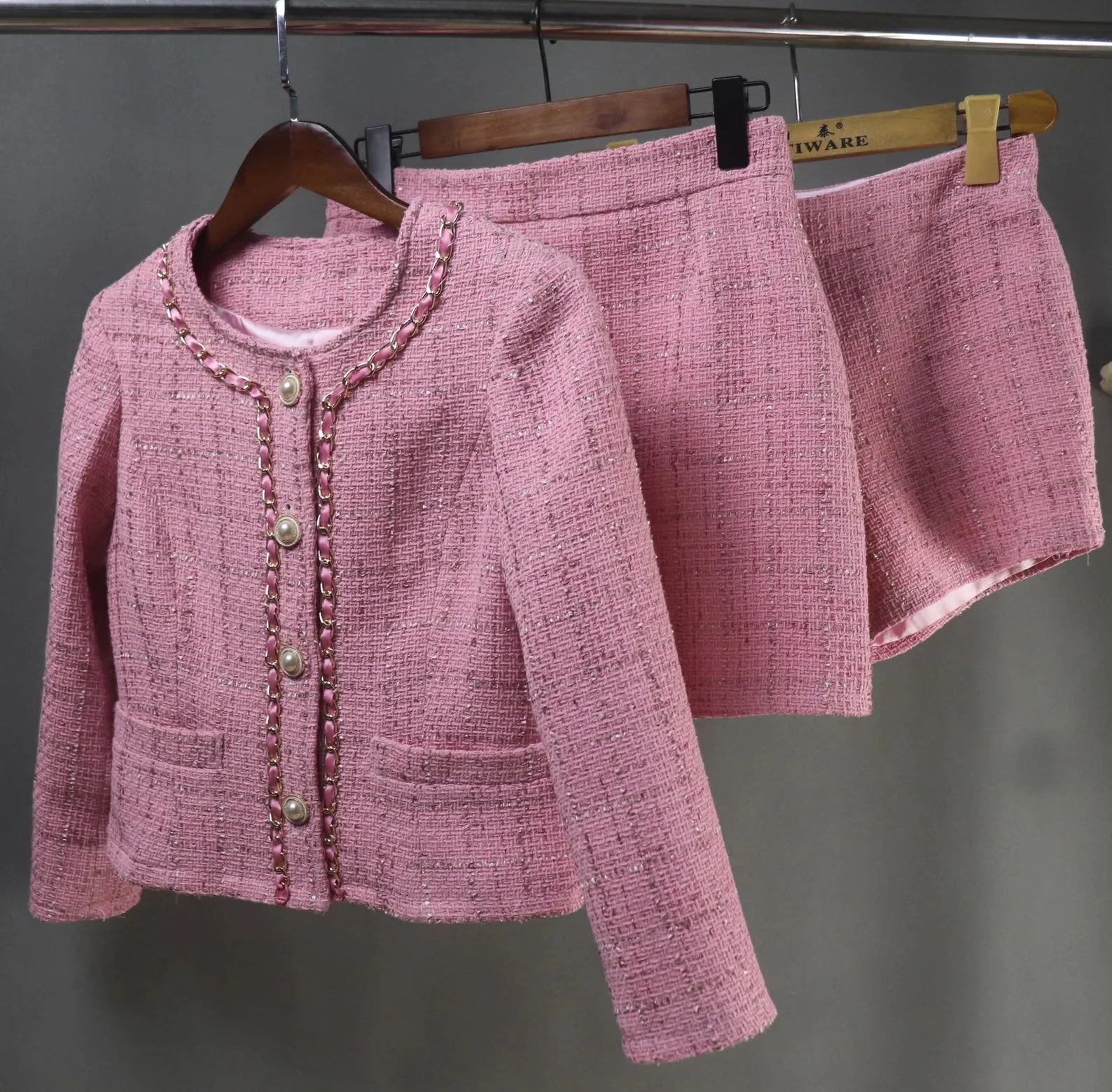 Custom Made Pink Skirt Tweed Suit With Chain Decoration