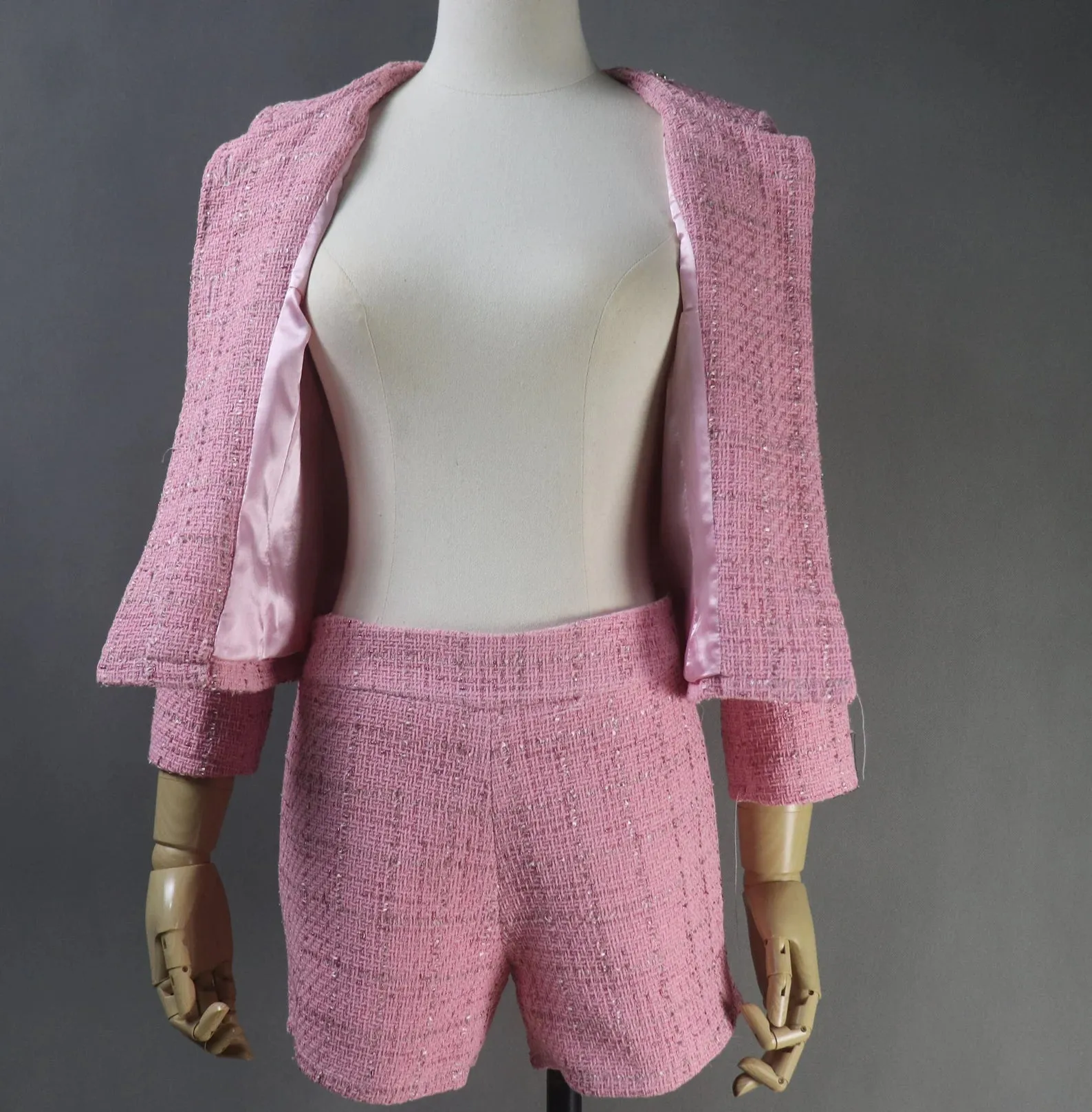 Custom Made Pink Skirt Tweed Suit With Chain Decoration