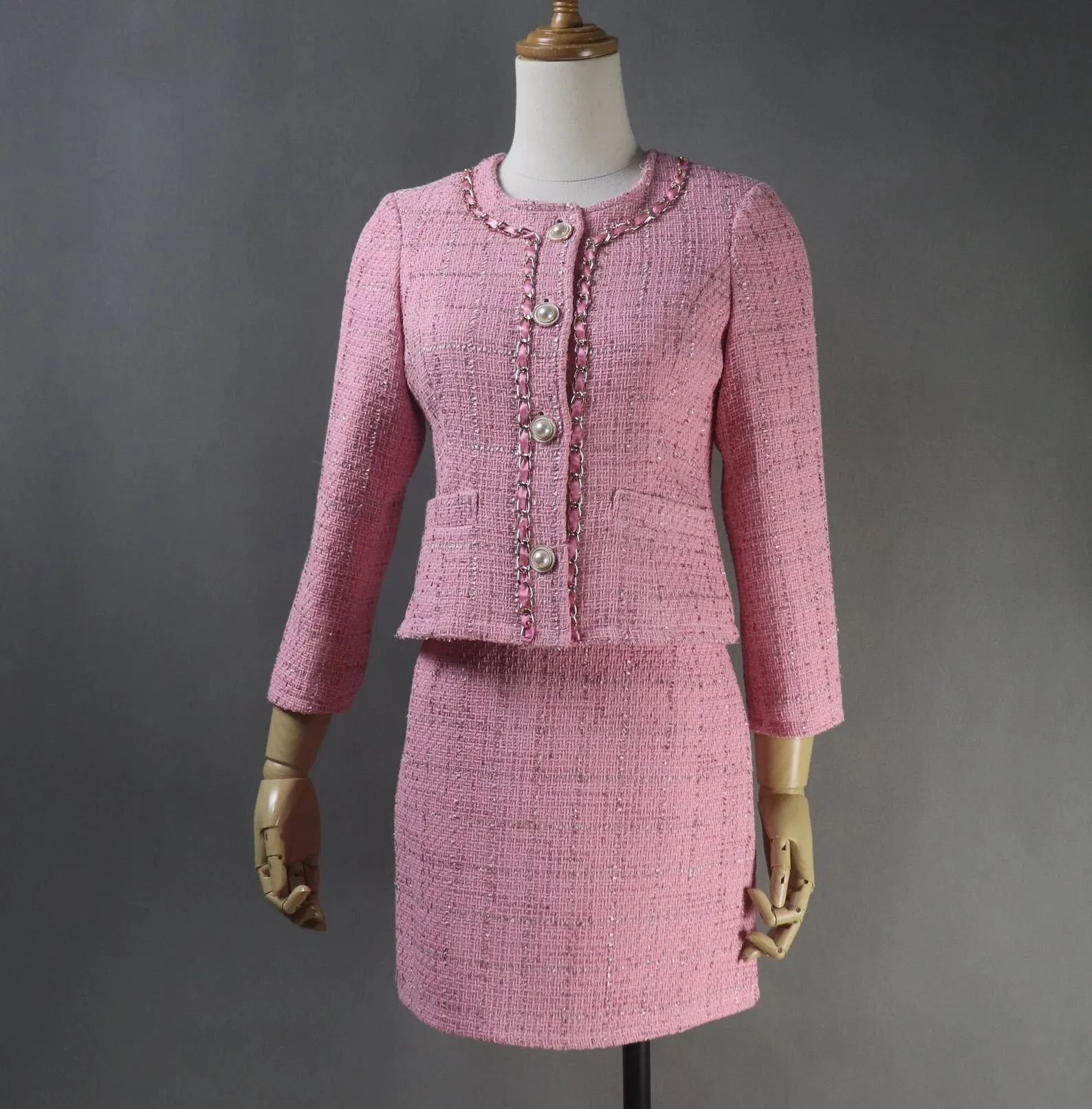 Custom Made Pink Skirt Tweed Suit With Chain Decoration