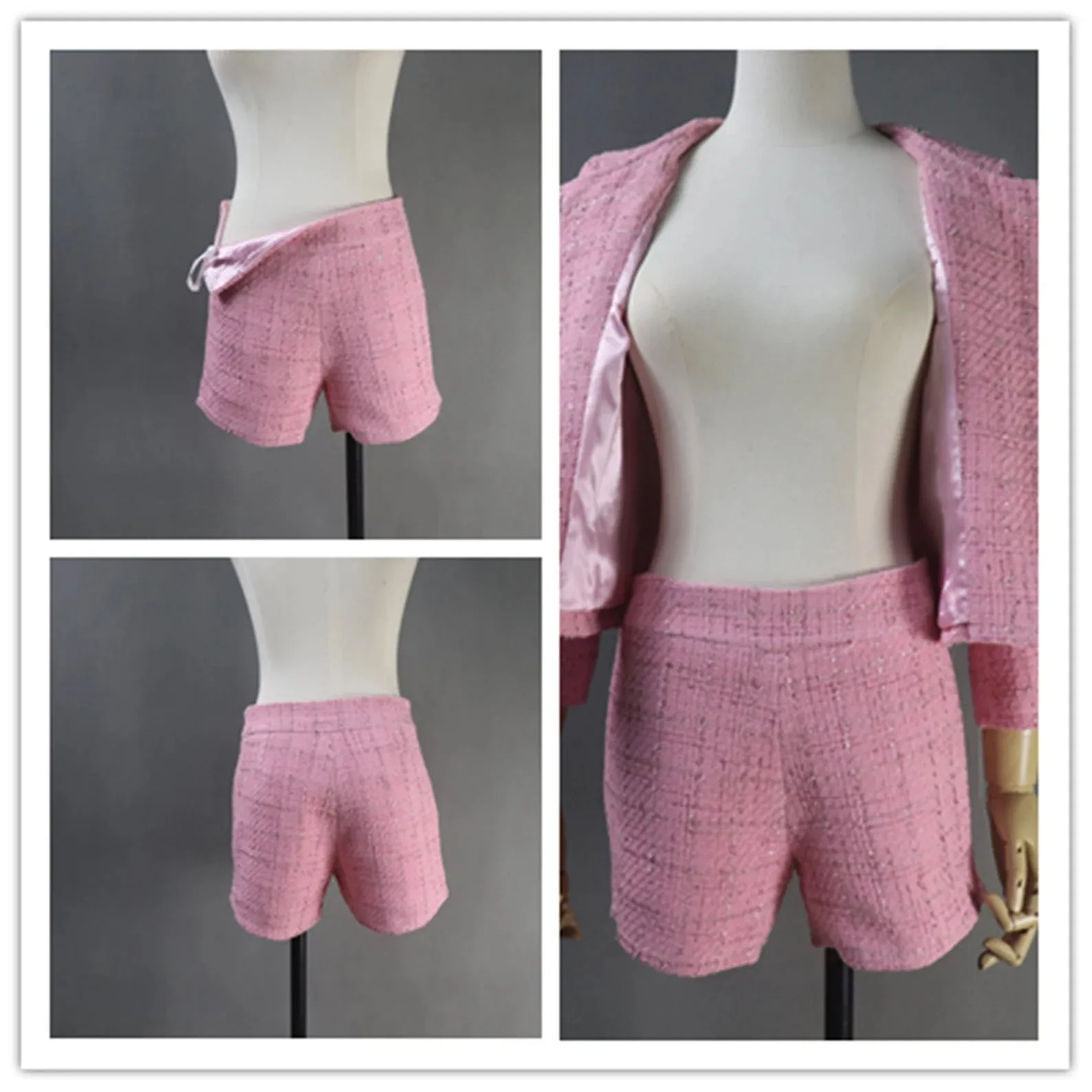 Custom Made Pink Skirt Tweed Suit With Chain Decoration