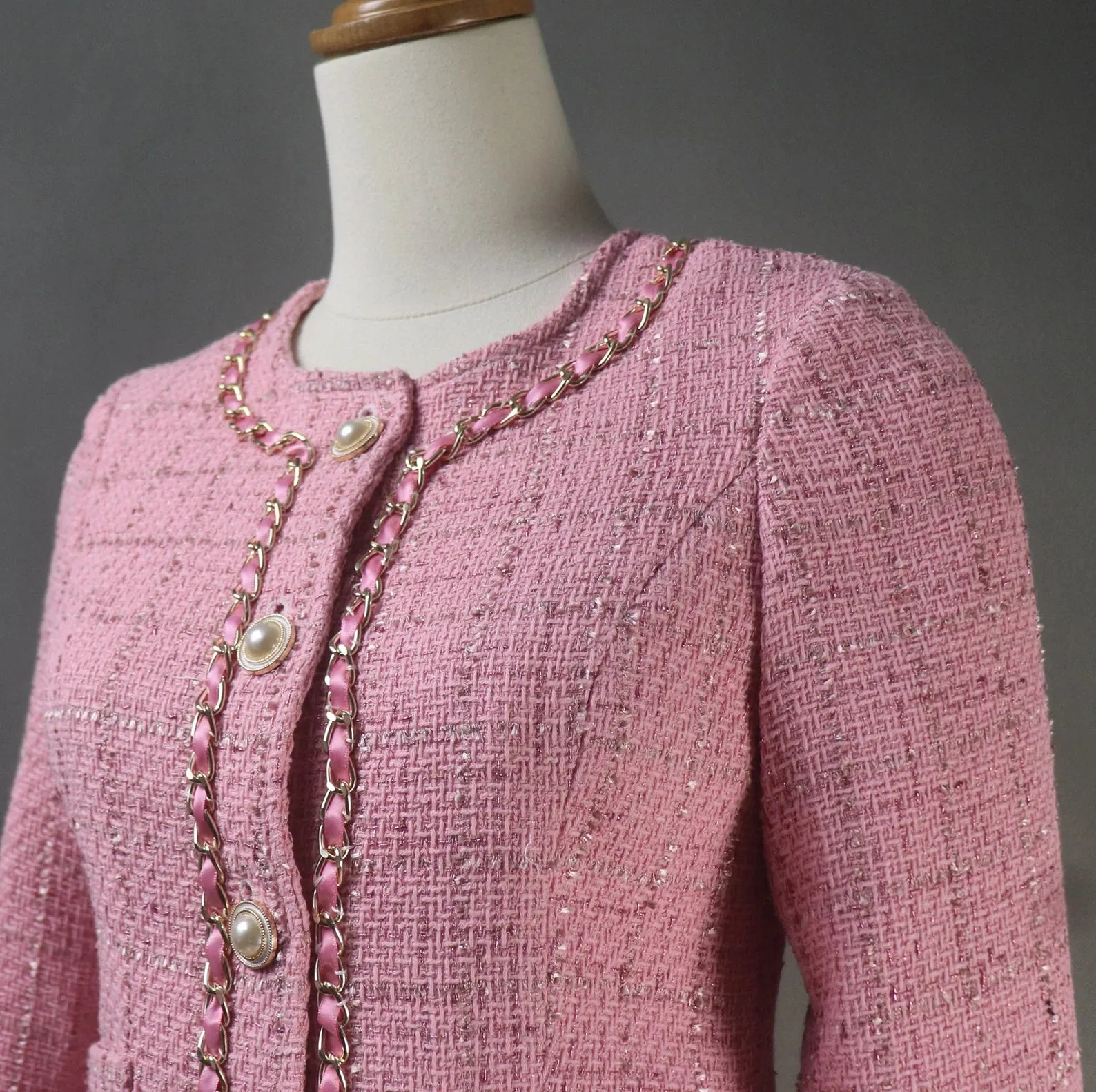 Custom Made Pink Skirt Tweed Suit With Chain Decoration