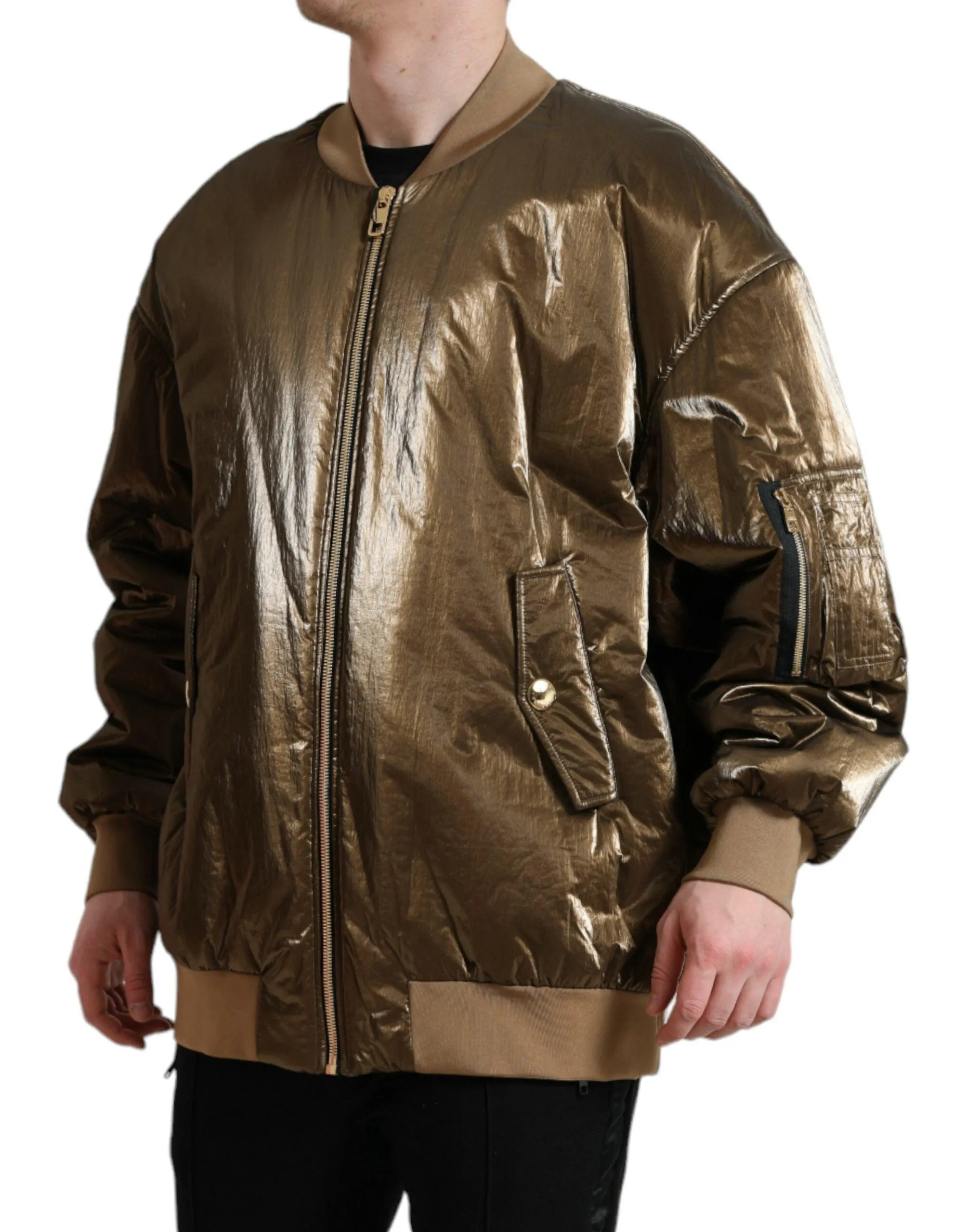 Dolce & Gabbana Bronze Nylon Full Zip Men Bomber Jacket