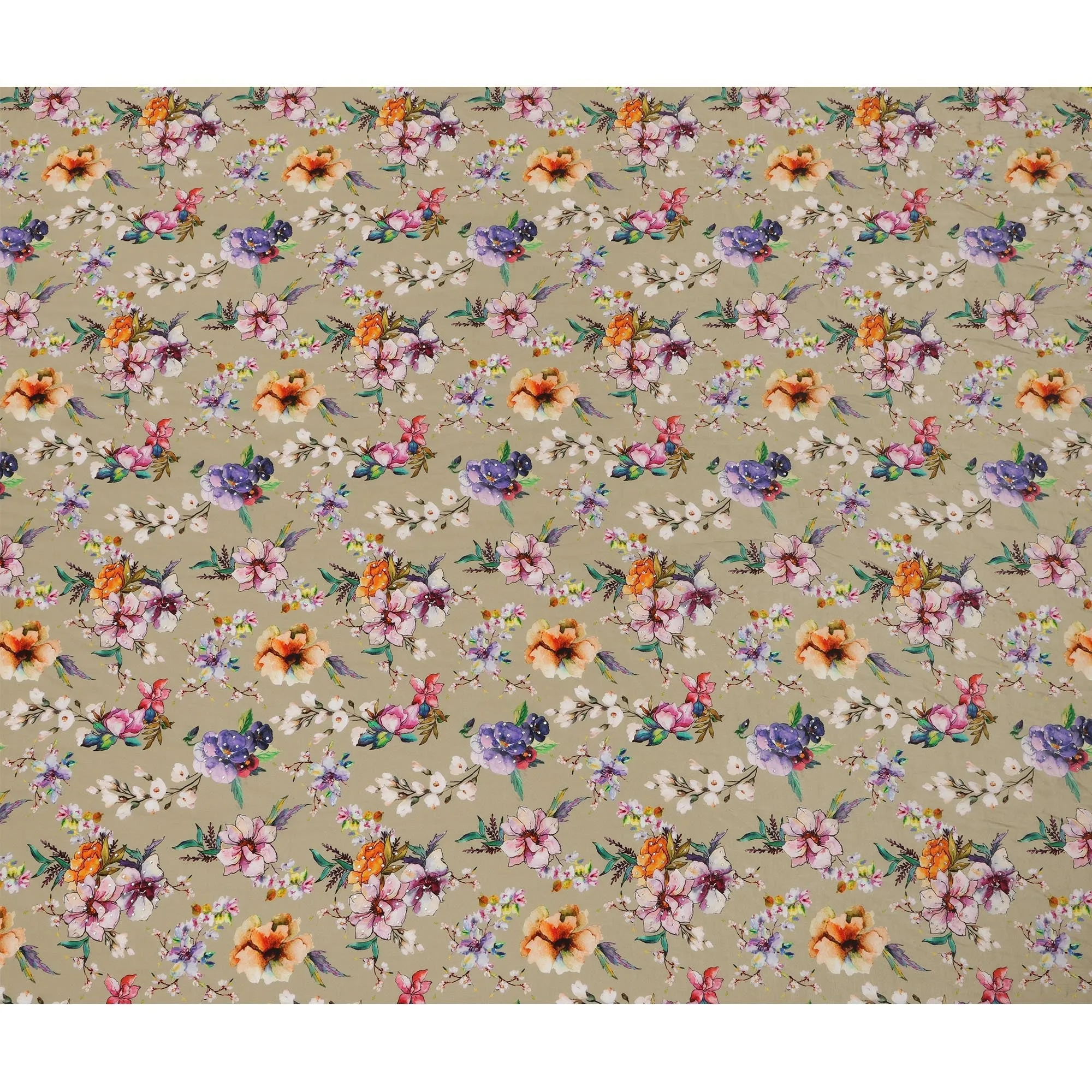 Elegant Synthetic Crepe Fabric with Stone Work - Multicolor Floral Design on Beige Background, 110 cm Width-D20643