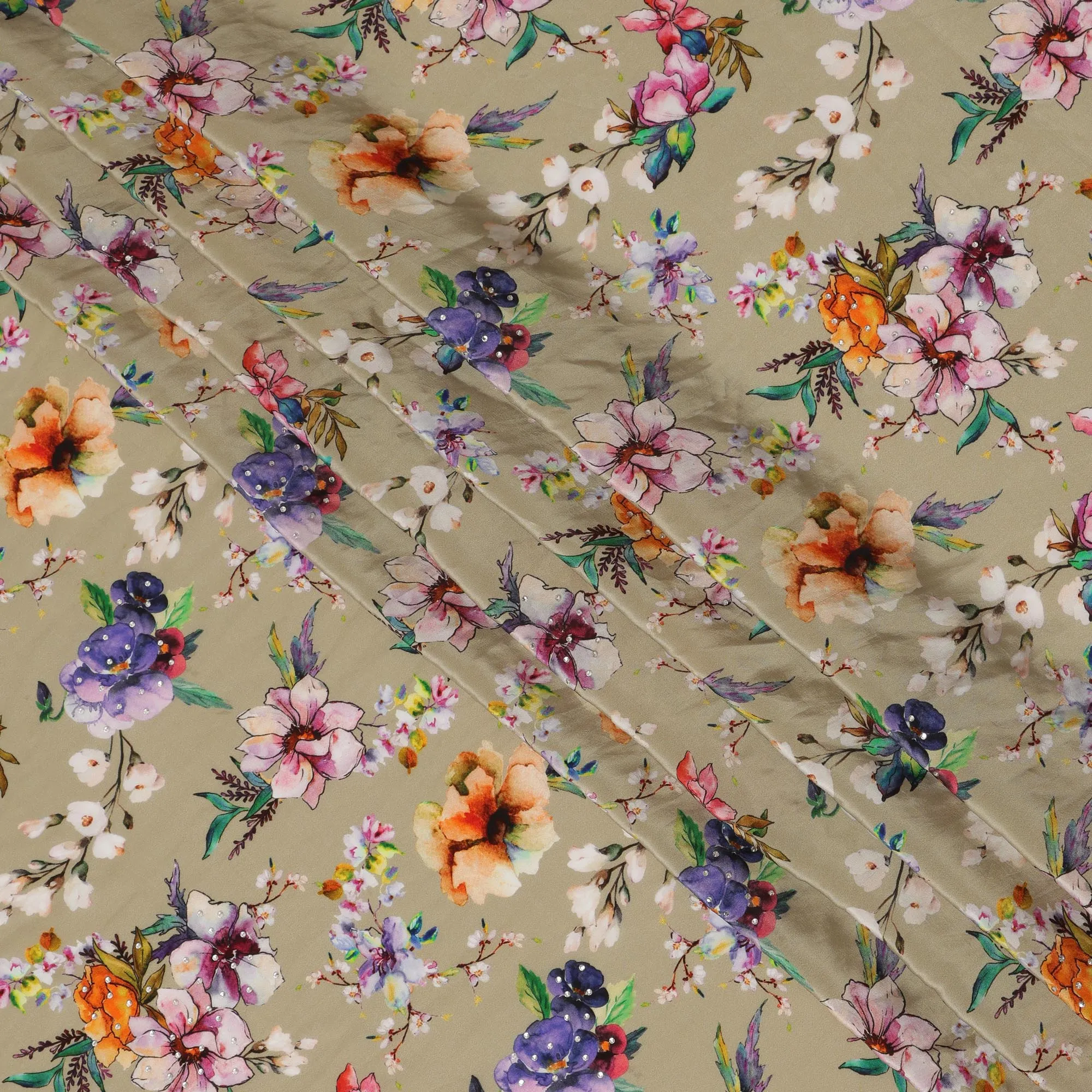 Elegant Synthetic Crepe Fabric with Stone Work - Multicolor Floral Design on Beige Background, 110 cm Width-D20643