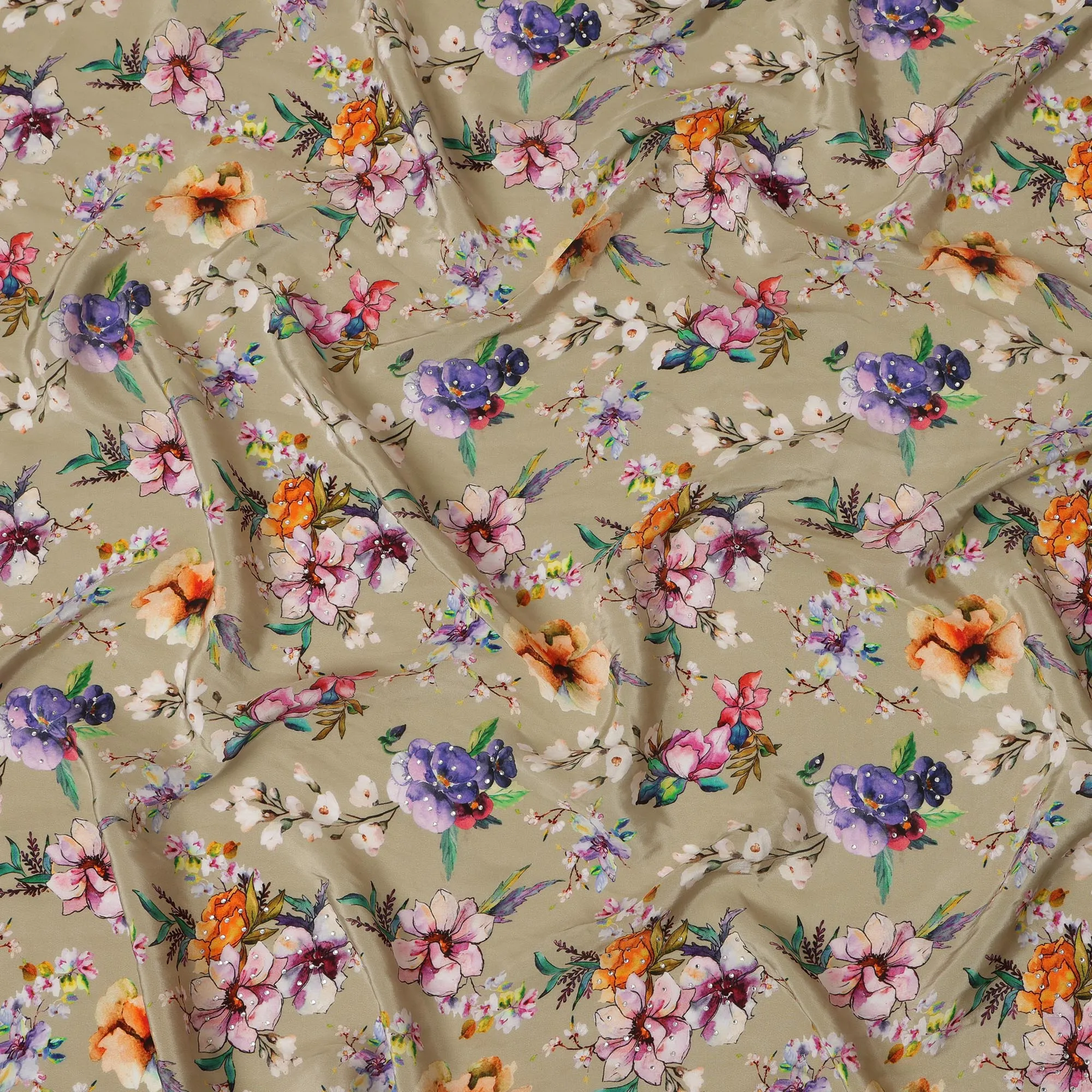 Elegant Synthetic Crepe Fabric with Stone Work - Multicolor Floral Design on Beige Background, 110 cm Width-D20643