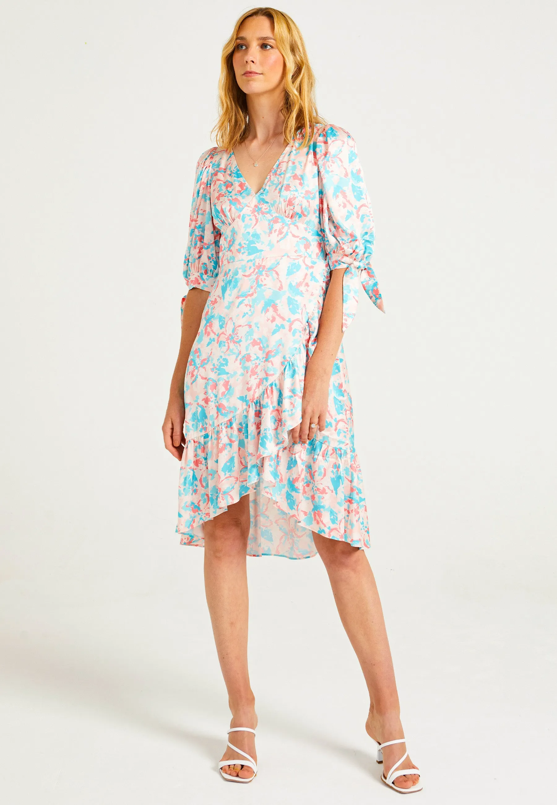 Faux Wrap Midi Dress in Peach Pink Floral Print