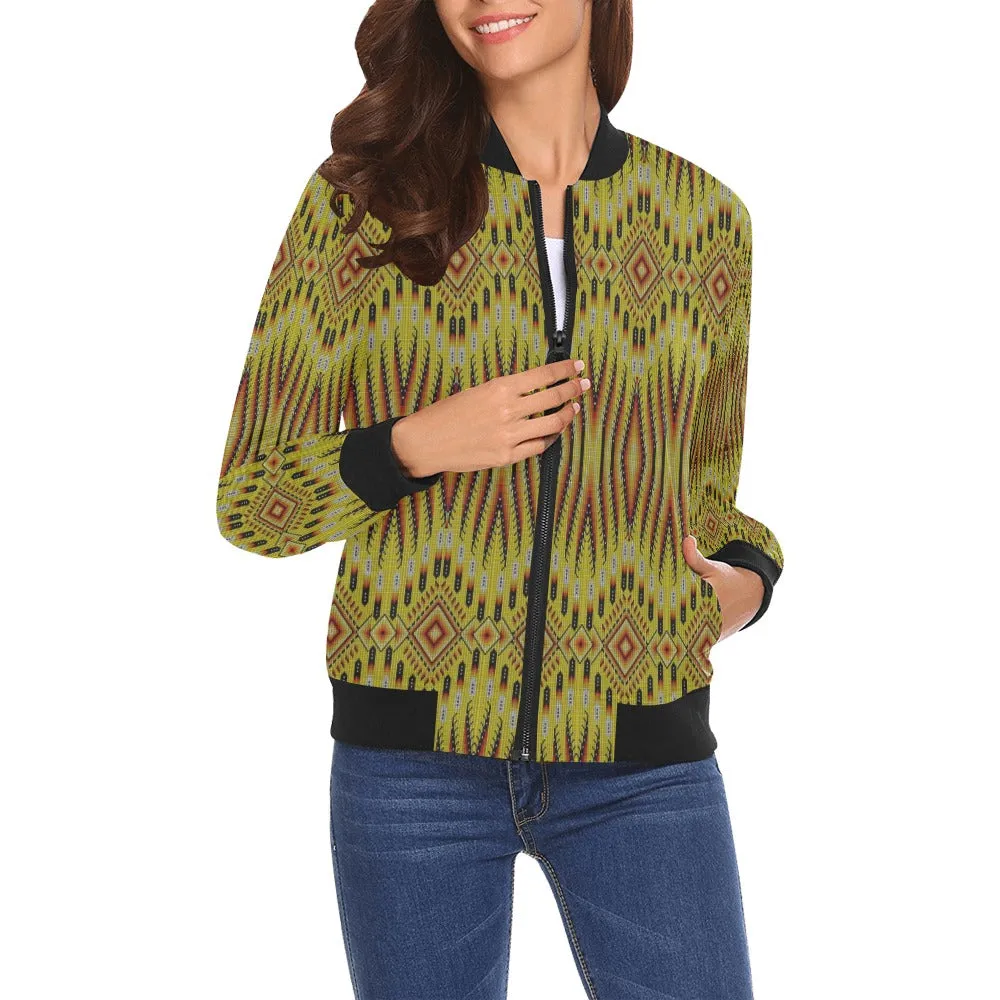 Fire Feather Yellow All Over Print Bomber Jacket for Women