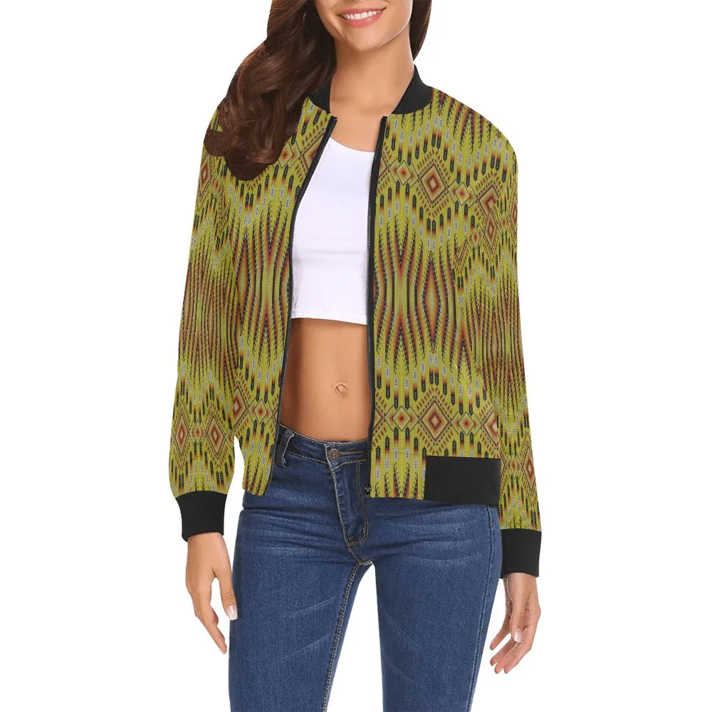 Fire Feather Yellow All Over Print Bomber Jacket for Women