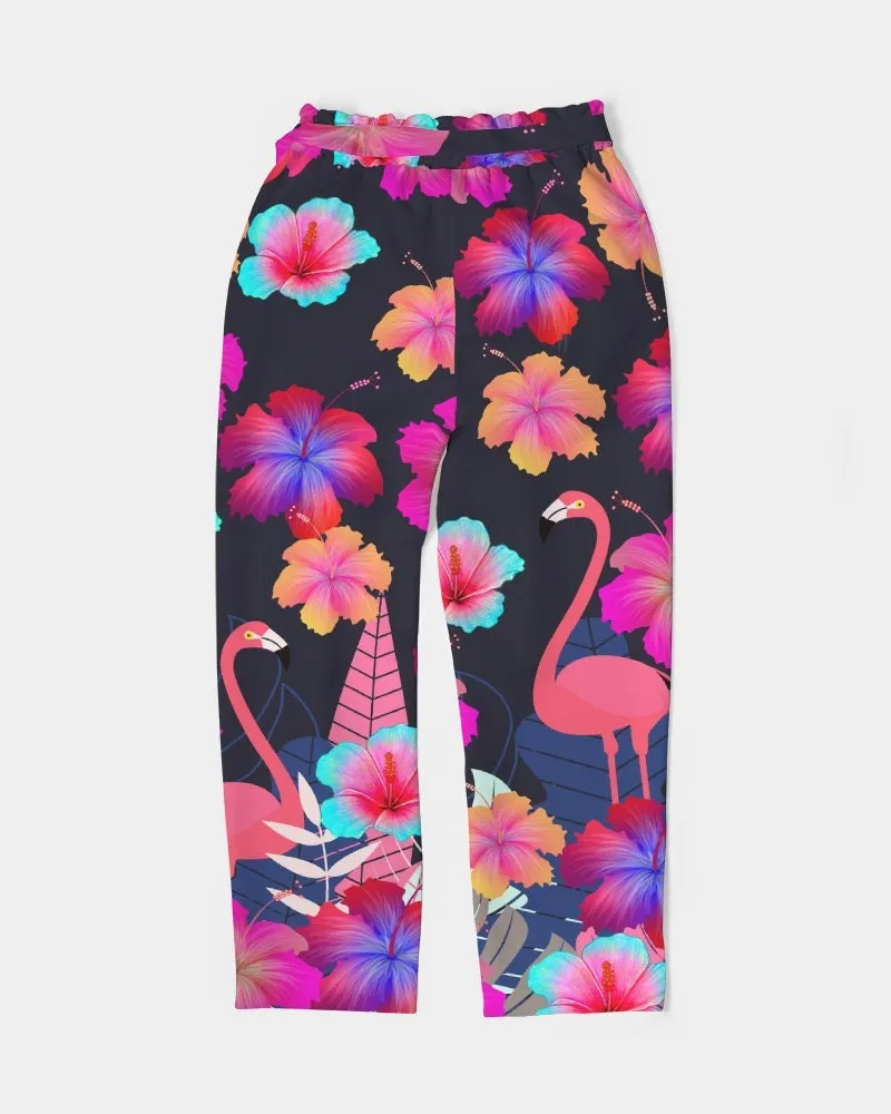 Floral Hibiscus Flamingos Women's Belted Tapered Pants