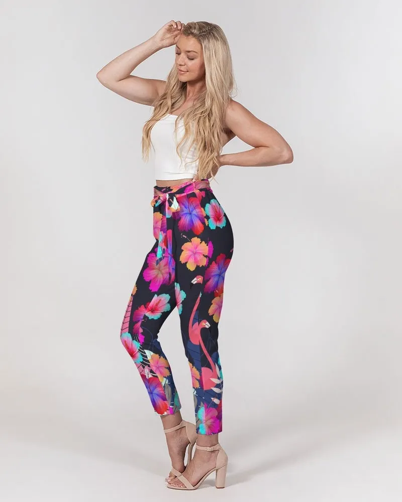 Floral Hibiscus Flamingos Women's Belted Tapered Pants