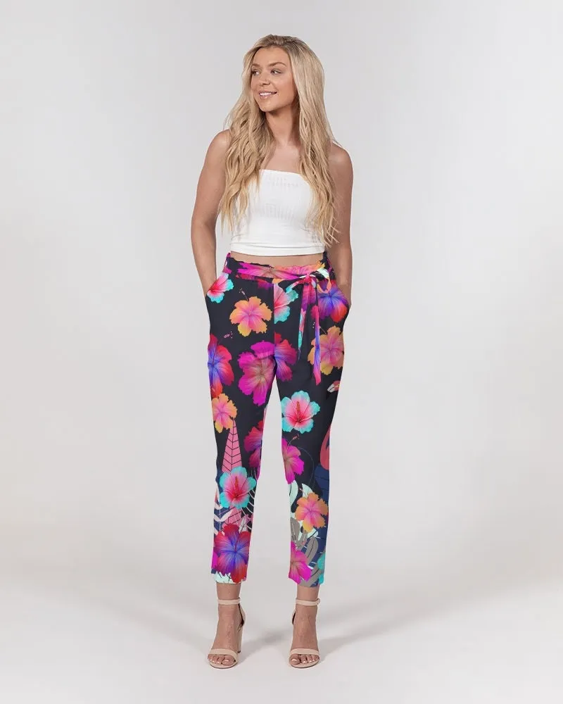 Floral Hibiscus Flamingos Women's Belted Tapered Pants