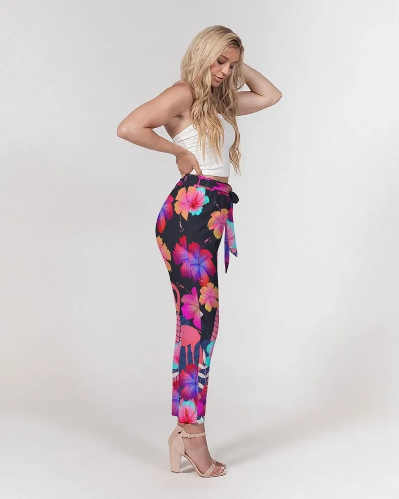 Floral Hibiscus Flamingos Women's Belted Tapered Pants