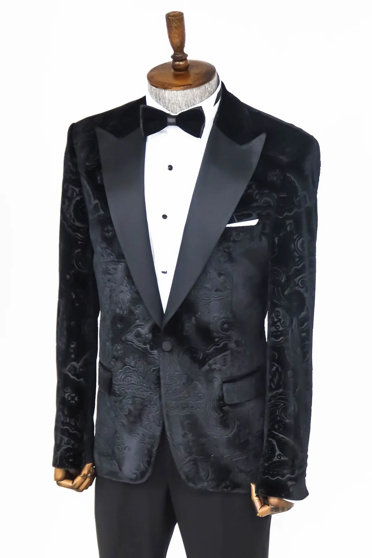 Floral Patterned Velvet Black Men Wedding Tuxedo Blazer - Wessi