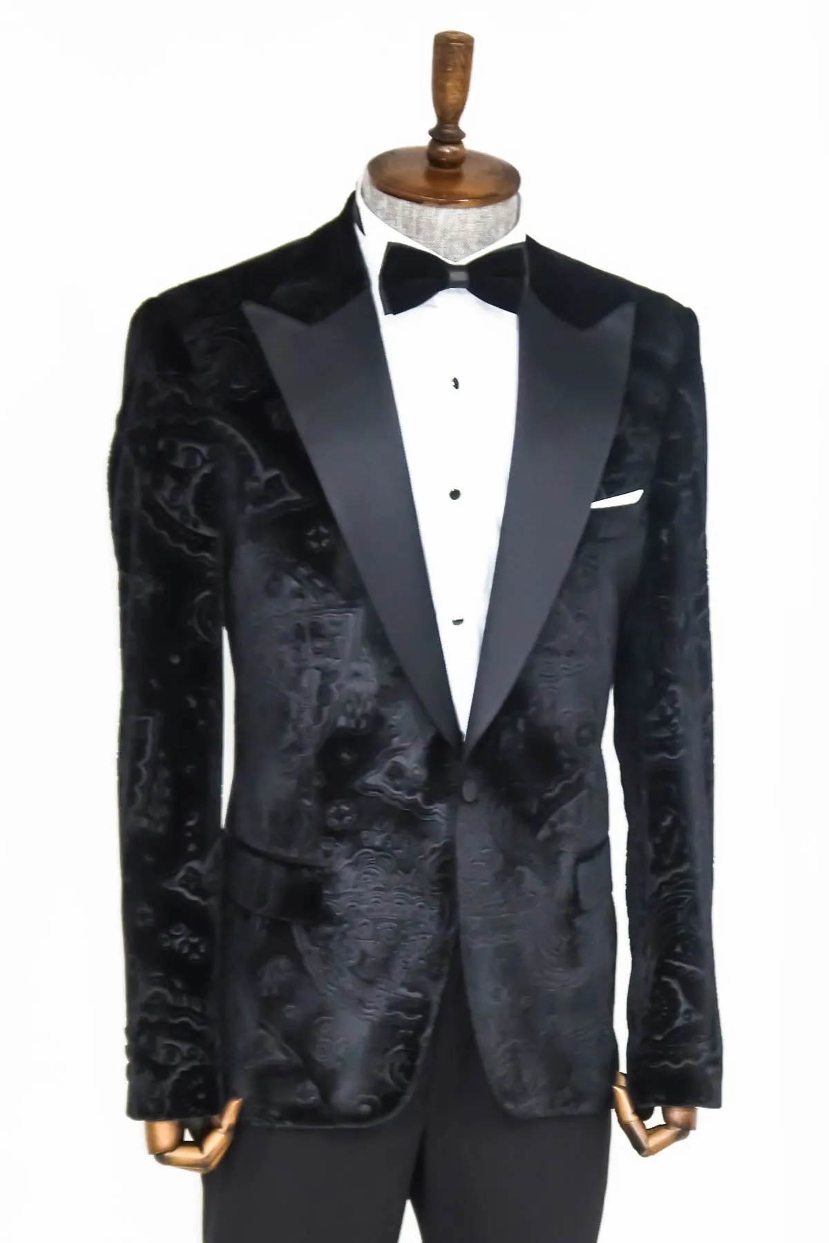 Floral Patterned Velvet Black Men Wedding Tuxedo Blazer - Wessi