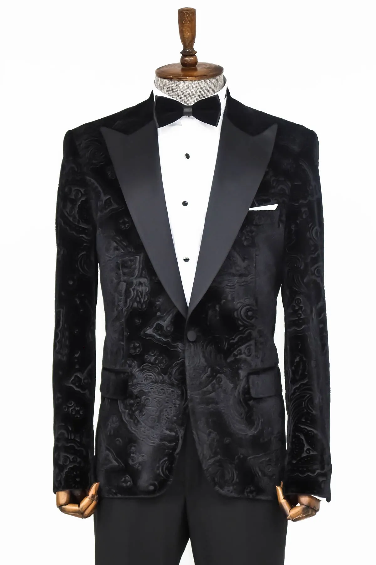 Floral Patterned Velvet Black Men Wedding Tuxedo Blazer - Wessi