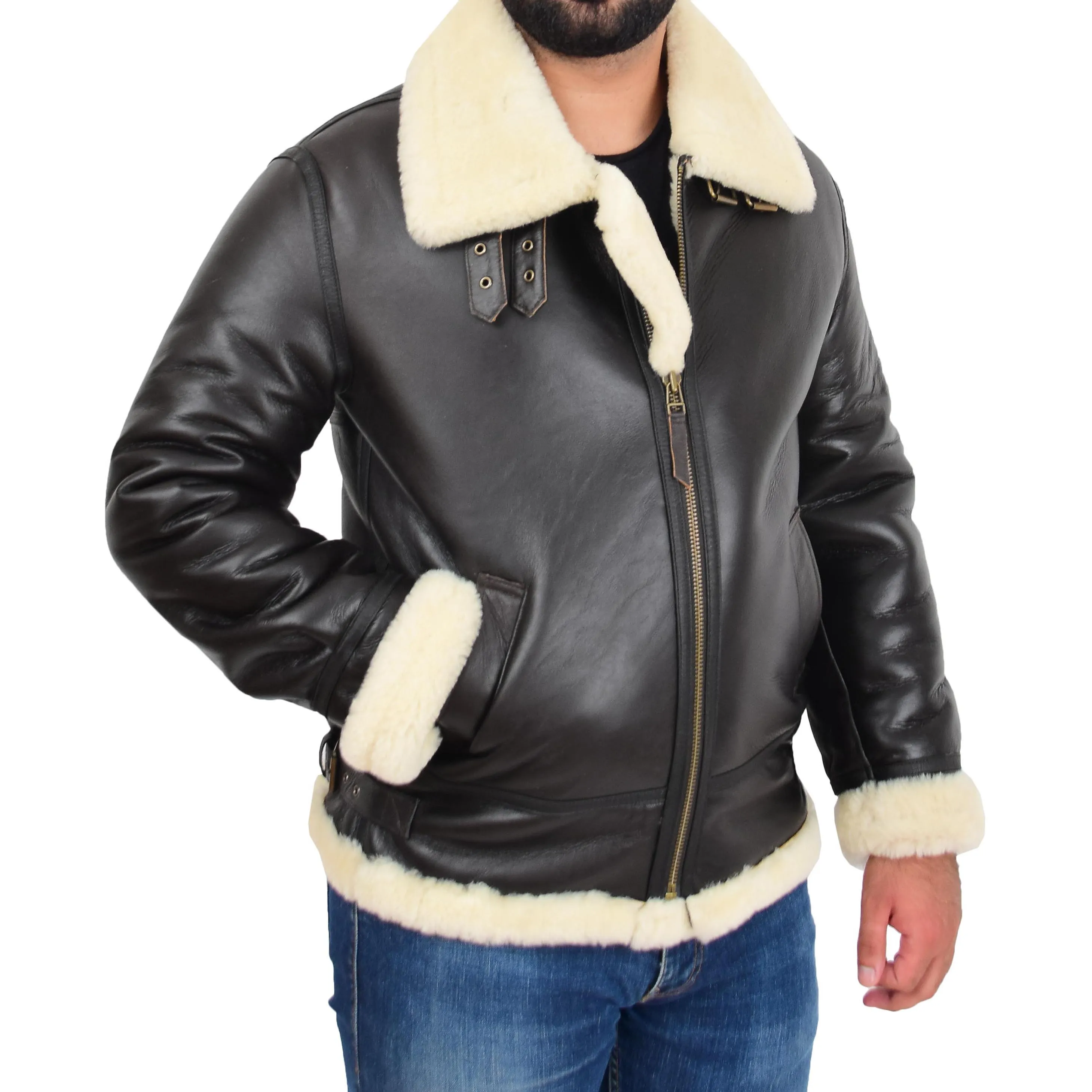 Genuine Sheepskin Flying Jacket For Men B3 Bomber Shearling Coat Thunder Brown/White