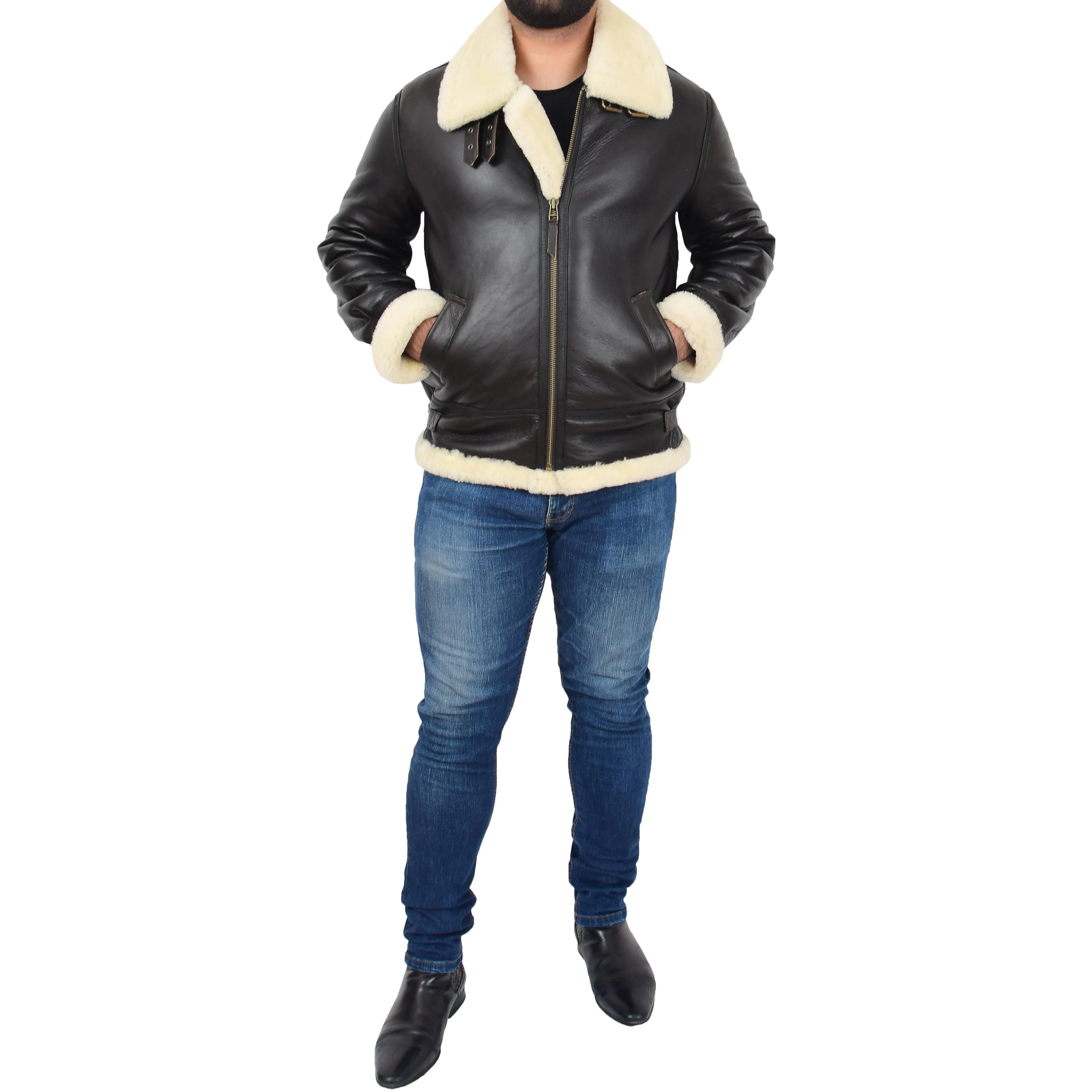 Genuine Sheepskin Flying Jacket For Men B3 Bomber Shearling Coat Thunder Brown/White