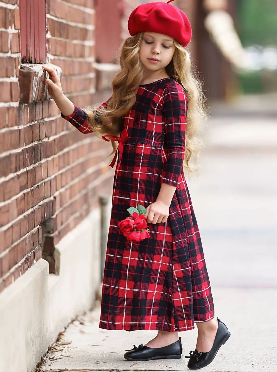 Girls Red And Black Plaid Long Sleeve Maxi Dress with Front Bow