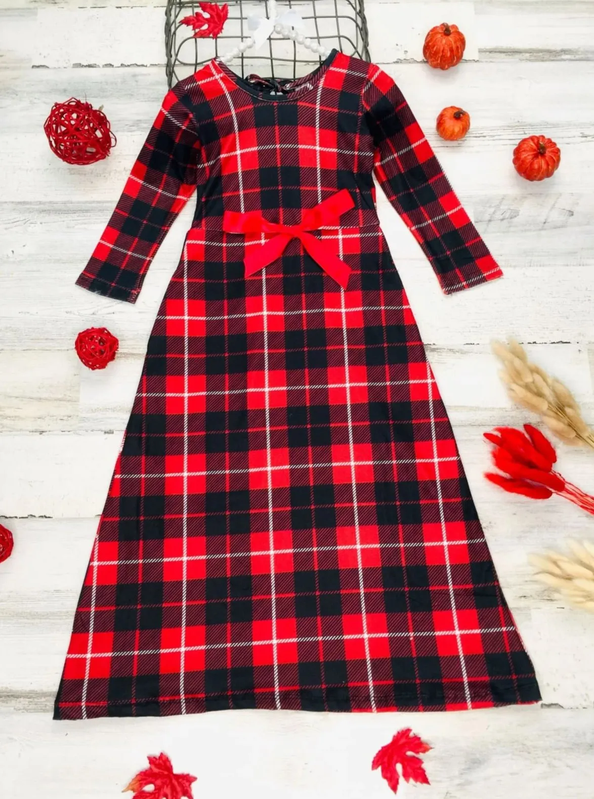 Girls Red And Black Plaid Long Sleeve Maxi Dress with Front Bow