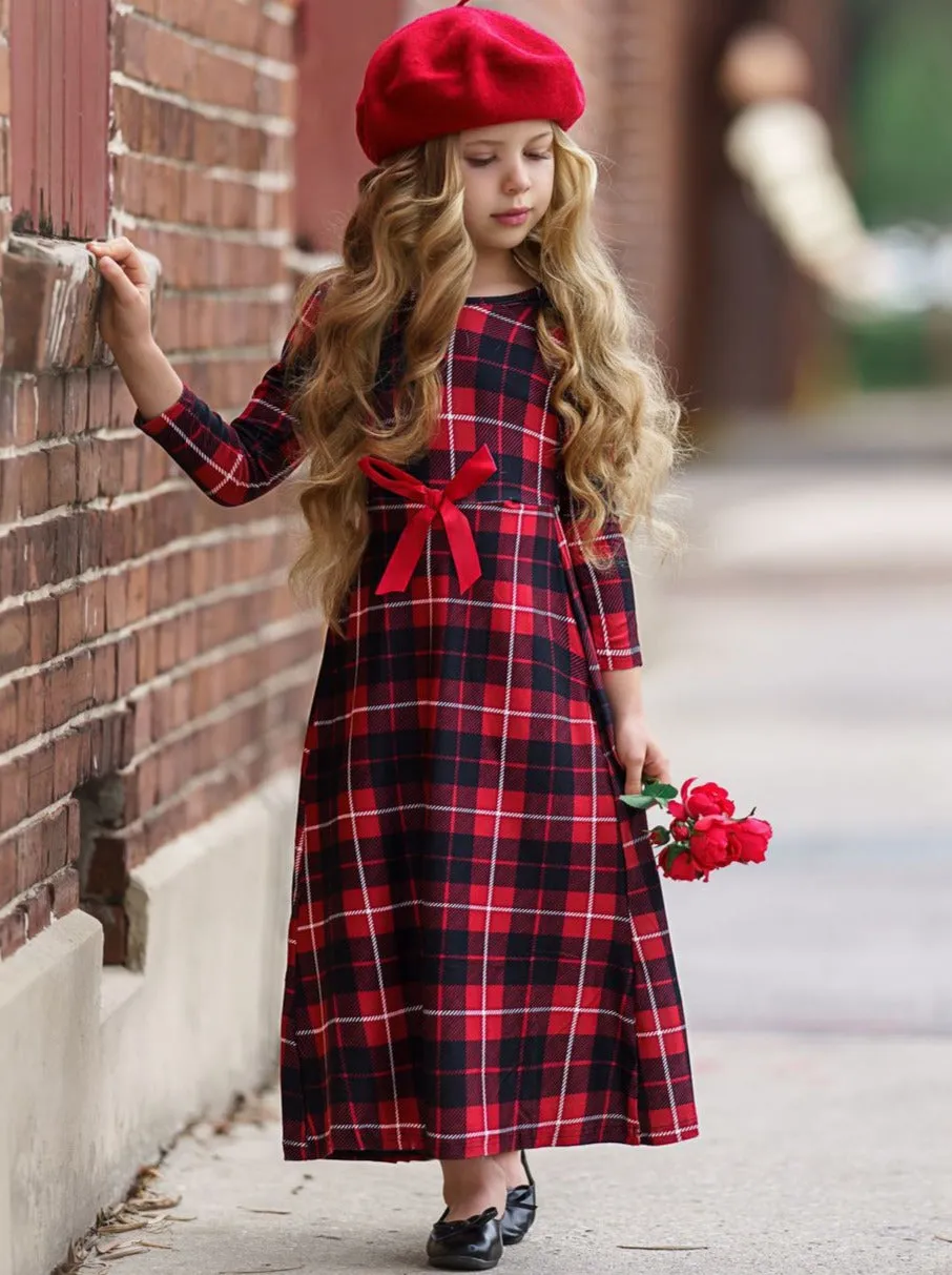 Girls Red And Black Plaid Long Sleeve Maxi Dress with Front Bow