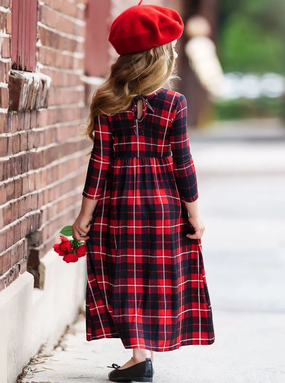 Girls Red And Black Plaid Long Sleeve Maxi Dress with Front Bow