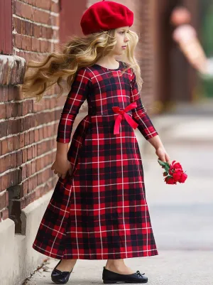 Girls Red And Black Plaid Long Sleeve Maxi Dress with Front Bow