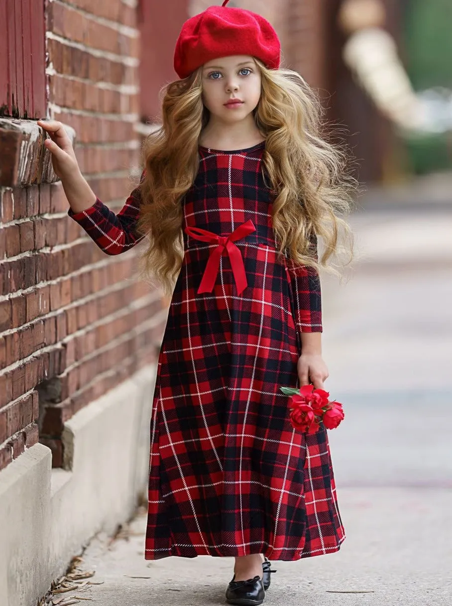 Girls Red And Black Plaid Long Sleeve Maxi Dress with Front Bow