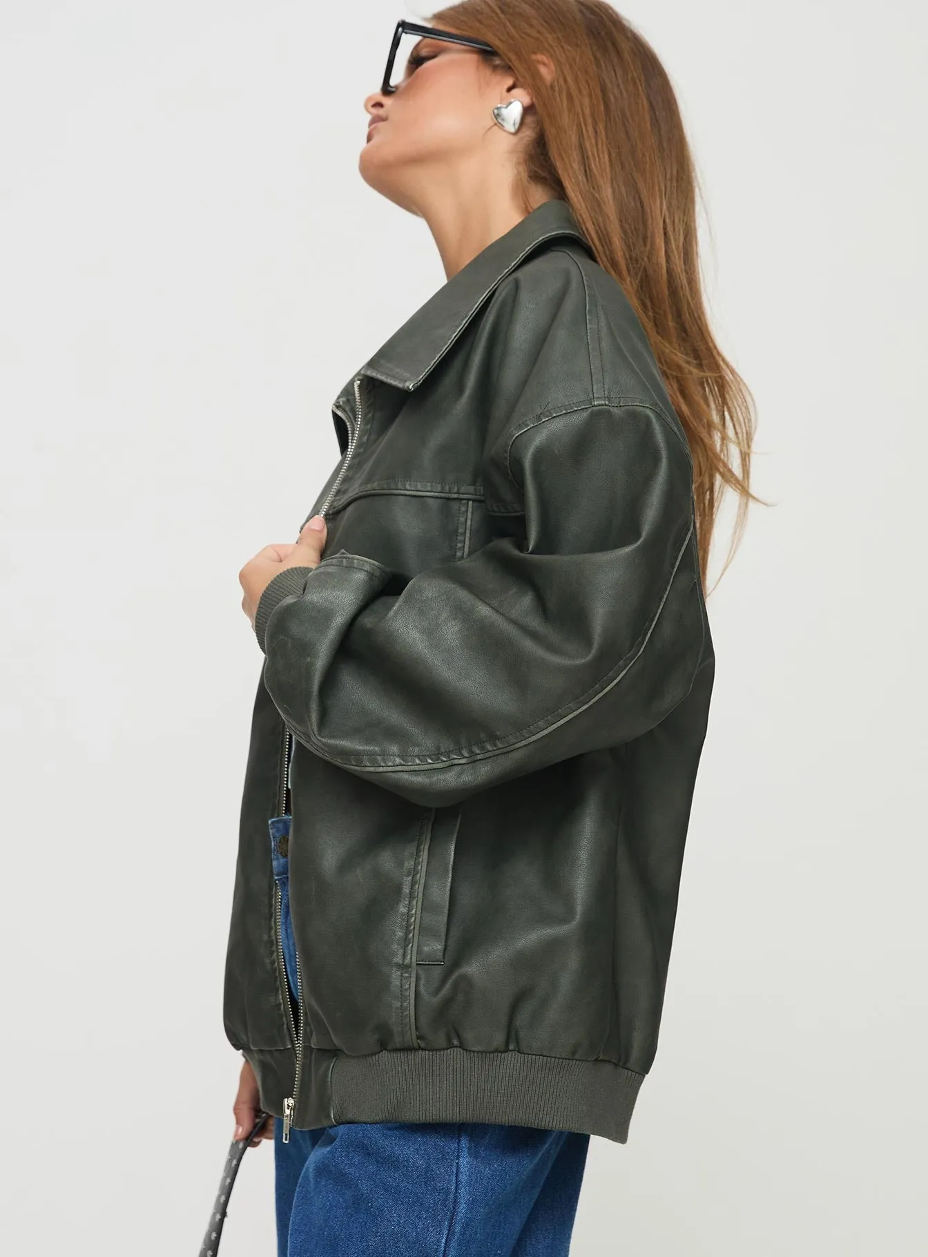 Goldsmith Faux Leather Bomber Jacket Washed Forest