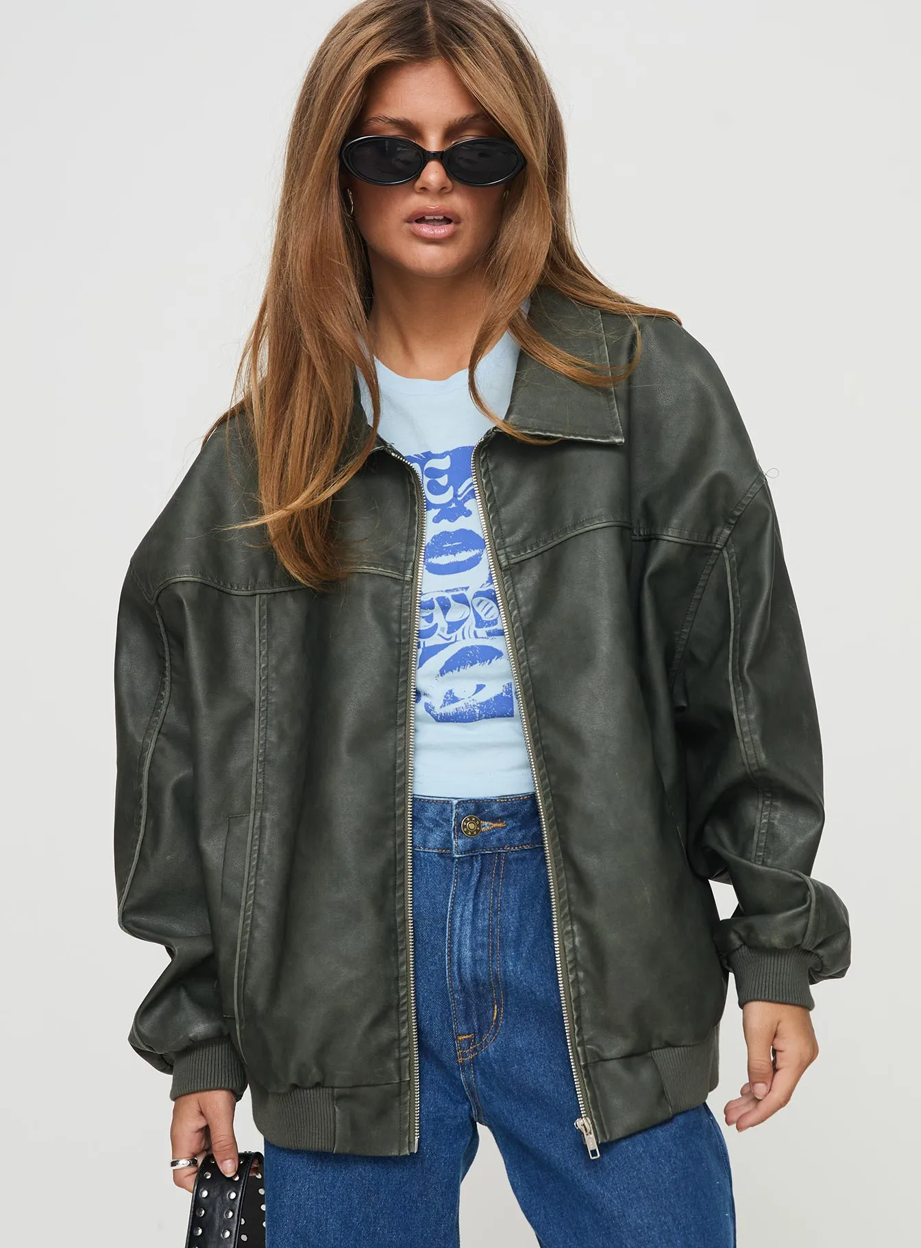 Goldsmith Faux Leather Bomber Jacket Washed Forest