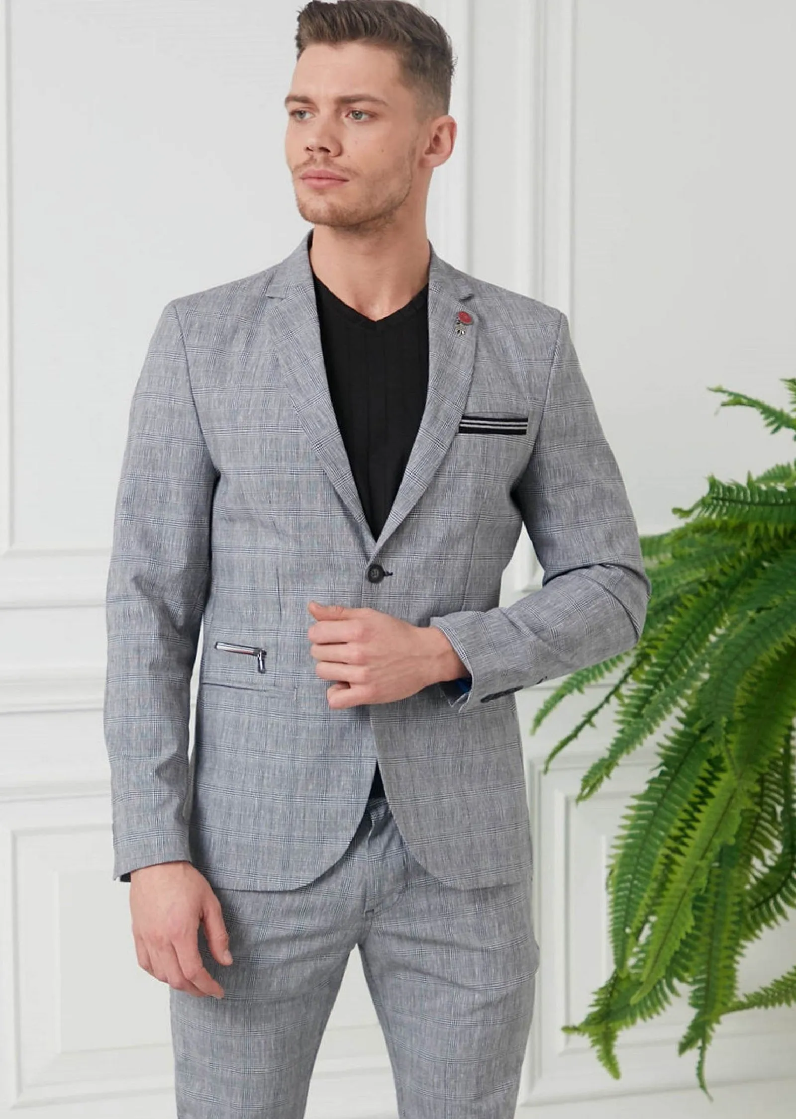 Gray Plaid Casual 2-Pieces Suit