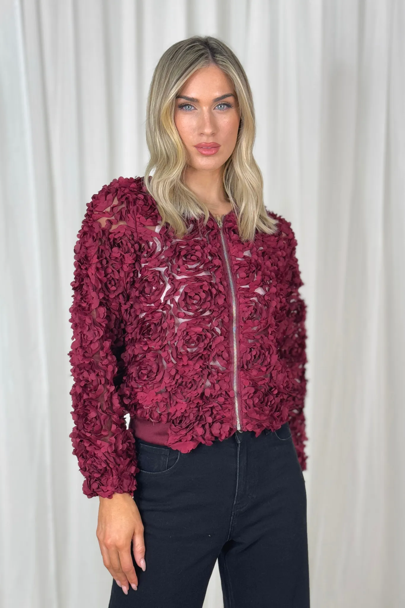 Holly Textured Bomber Jacket In Bordeaux